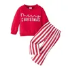 Kläduppsättningar Småbarnflicka Fall Outfits Letter Print Crew Neck Sweatshirts Stripe Flare Pants 2st Christmas Clothes Set