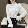 Blouses voor dames wit stand kraag chiffon shirt voor vrouwen Koreaanse elegante ruches stiksel knop lange flare mouw blouse kantoor dame werk