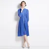 Vintage borduurwerk blauw casual chiffon jurk lange mouw vrouw ontwerper mock nek slanke elegant fit feest midi jurkess 2024 lente herfst vacement runway ballgown