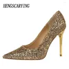 Chaussures habillées designer femmes luxe 2023 paillettes de bal argent bleu rose rose talons talons stiletto pompes femelle mariage de mariée plus taille