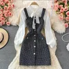 Arbetsklänningar 2023 Spring Autumm Two Piece Set Women Emperament Bow Tie Shirt Tweed Plaid Suspender Dress Set Tide Outfits For FCy474