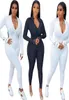 Hohe elastische Fitness Rompers Frauen Jumpsuit Deep O Hals Full Sleeve Bodycon Gesamt Streetwear Black White Club Party Körperanzug 6559142