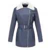 0C448M75/ 462m79 Autumn and Winter Women's Leather Faux Coats Commuting Wind Long Sleeved Plush Lapel Double Zipper Belt Warm Jacket