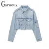 Garaouy 2023 Spring Femmes usé Burr Bourr Denim Veste Revers Single Breasted Pocket Mabet vintage Contrus Crop Outwear Femme 231222