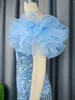 Robes décontractées Femmes Luxury Broderie Party Prom Robe Sexy Sexy Off Bouffle Ruffle Sleeve Fitted Glitter Blue Blue Evening Wedding Guest