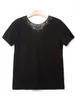 Camisetas para mujeres bordado para mujeres hueco camiseta con cuello en V 2023 Summer All-Match Lace Lace Trim Manga corta Simple Tee Top