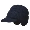 Berretti uomini inverno visiera brima berretto cappello da berretto a bordo berretto a maglia addensato peluche foderato auricolare copertura per la testa