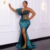 Hunter Green Plus size Aso Ebi Prom Illusione Mermaid High Split perline Elegante abito formale da sera per Black Women Girls Birthday Party Engagement Gowns AM254