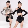 Scary Wear Girls Latin Dance Robe Set Long Manches Leopard Black Fringe Cha Samba Training Performance Clothes