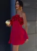 Draped Mini Dres Straplez 3d Çiçek Kadın Kısa Akşam Elbiseleri 2023 Yaz Moda Kırmızı Lady Partisi Kulübü Vestidos 231222