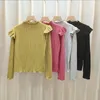 Women's Blouses Women Fall Winter Sweater Half-high Collar Long Sleeve Knitted Top Solid Color Shirring Ruffle Elastic Lady Pullover