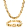 Cuban Link Chain Necklace Bracelet Jewelry Set 18K Real Gold Plated Stainless Steel Miami Necklace with Design Spring Buckle267E