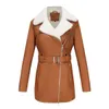 0C448M75/ 462m79 Autumn and Winter Women's Leather Faux Coats Commuting Wind Long Sleeved Plush Lapel Double Zipper Belt Warm Jacket