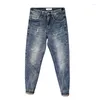 Men's Jeans Retro Washed Elastic Nine Point Straight Slim Fitting Small Feet Denim Pants Men Stretch Trousers