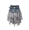Spódnice letnie dżinsowe dżinsy Kobiety Nieregularne wysokie tiulowe tiulowe siatki patchworkowe kieszenie plisowane Midcalf Tutu 2021 Street11910600
