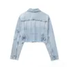 Garaouy 2023 Spring Femmes usé Burr Bourr Denim Veste Revers Single Breasted Pocket Mabet vintage Contrus Crop Outwear Femme 231222