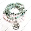 Mg0631 6 mm kiwi jasper lotus fiore fascino bracciale rosa quarzo 108 mala yoga braccialetto femminile polso mala braccialeta267z