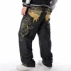 Men's Jeans Large Size 30-44 46 Fashion Loose Big Pockets Hip-Hop Skateboard Casual Men Denim Black Design Brand