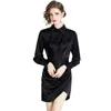 2024 Designer Black Party Satin Satin Dress Woman Woman a manica lunga abbottonatura slim rouched Elegant Fit Vacation Silk Mini Dressess Pring Fall Runway Bodycon Ballgown