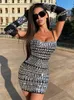 VC Luxury Party Dress for Women Clubwear Long Sleeve Gloves Bodycon Bandage Black Mini Dress with Beads Diamond Decoration 231222