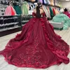 Red Sparkly Crystal Appliques en dentelle Quinceanera Robes Bouche sans manches à manches de la robe de balle Correaux de fleur de fleur pour Sweet 15 Girls