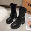 Bottes Martin à semelles épais en cuir authentique pour l'automne pour femmes Nouvelles bottes à tuyaux à fumée à talons à la mode polyvalente High Slim