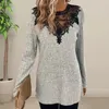 Women's Blouses Black Lace Patchwork Gray Break Tops Women Perspectief Sexy Long Sleeve Shirts Herfst Winter 2023 Elegante blouse