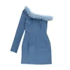 Casual Dresses One Shoulder Dress Solid Color Obled Women Furry denim Slim Fit Long Sleeve Off Vacation Outfit