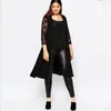 Outerwear Plus Size Lace Sleeve Duster Coat Women Solid Black Long Loose Spring Autumn Open Front Elegant Fashion Casual Cardigan 6XL 7XL