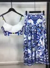 Abiti da lavoro Menahem Runway Summer Blue and White porcellana a due pezzi set da donna spaghetti cinghia con cerniera con cerniera corta galza lunga