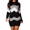 Casual Dresses Womens Long Sleeve Round Neck Knit Bodycon Dress Winter Fall Colorblock Striped Office Lady Midi Sweater Dropship