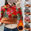 Women's Blouses Stretchy Cheongsam Top Floral Plaid Print Fleece Lined Chinese With Knot Button Decor Traditional For