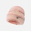 Berets Gradient Color Stripe Round Button Knitted Hat Autumn Winter Colored Wool Ear Protection Cap Women Face-Looking Small Warm