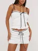 Work Dresses Women's 2 Piece Skirt Outfits Sleeveless Lace Trim Tie Up Camisole White Mini Set