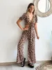 Tweedelige broek voor dames Boho Crop Top With Pant Print Set vrouwen mode diep v-hals shirt breed poot pak lente zomer veter omhoog ruche