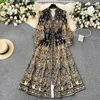 Casual Dresses Fashion Paisley Flower Dress Women's V Neck Long Lantern Sleeve Floral Print Buttons Down High Waist Maxi Vestidos 2373