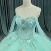 민트 녹색 어깨 15 드레스 Quinceanera 2024 Appique 레이스 구슬 볼 가운 Quince 드레스 공주 공식 행사 가운