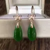 Elegant Minimalist Jade Eardrop Jewelry With Diamond Gold 17X8mm Natural Green Jasper Pendant Earring For Women