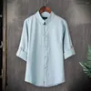 Herren lässige Hemden Männer Baumwolle Leinenhemd Vintage chinesische Stil drei Viertelärmel Stand Collar Einbrustes Sommerbluse Lose Tops