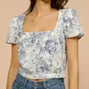 Dames blouses zomer retro slanke fit vierkante nek bloemen shirt een enkele borsten bijgesneden top temperament forens forens korte mouw blouse