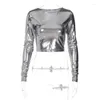 Kvinnors T-skjortor Y2K Metallic Gilding Long Sleeve T-shirts Women Crop Tops Fashion Casual Slim Bare Midriff Tees Night Clubwear Streetwear