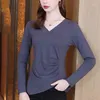 T-shirts pour femmes Couleur solide entièrement apparente les plis irréguliers T-shirt féminin 2023 Autumn Casual Pullsovers Tee-shirt asymétrique