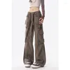 Frauen Jeans High Street Casual Overalls Solid Color Lose Wide Leghose American Retro Taschen Übergroße Y2K -Gürtelfracht