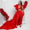 Illusion Red Jumpsuits spetspärlor kostymer organza prom klänning med avtagbar kjol aftonklänning för svart woemn engagemangsmottagning födelsedagsfest klänningar nl119