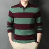 2023 Autumn Long Inteved koszulki Polo Męskie przycisk Lapel nadruk Stripe Koreańska moda luźna swobodna wszechstronna prosta Top 231222