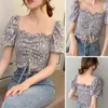 Blouses pour femmes femmes crop top manches courtes habillage de bûcher élastique Blouse Vintage Bubble Match Summer Vêtements