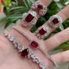 Pure 925 Sterling Silver Jewelry Set For Women Red Ruby Gemstone Natural Jewelry Set Bracelet Ring Earrings Party Jewelry Set2761