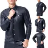 Casual shirts voor heren Modekwaliteit Men Shirt Club Dragen Tops Zwarte cocktail Faux Leer Solid Color Natte Look Long Sleeve