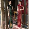 Vêtements ethniques Long Qipao Fashion Sequin Temperament Temperament Dress Performance Amélioration des performances Cheongsam Mandarin Collier de grande taille 5xl Vestidos
