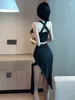 Work Dresses 2023 Summer Women's Sexy Spicy Girl Hanging Neck Backless Cross Top Fashion Irregular Split Half Dress Solid Color Set E4D9